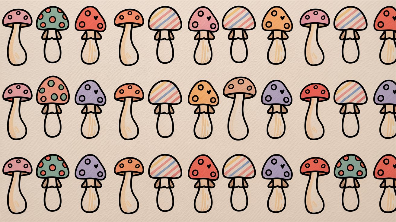 Pattern of 33 cartoon mushrooms arranged in 3 rows with pastel caps in pink, teal, purple, and orange.