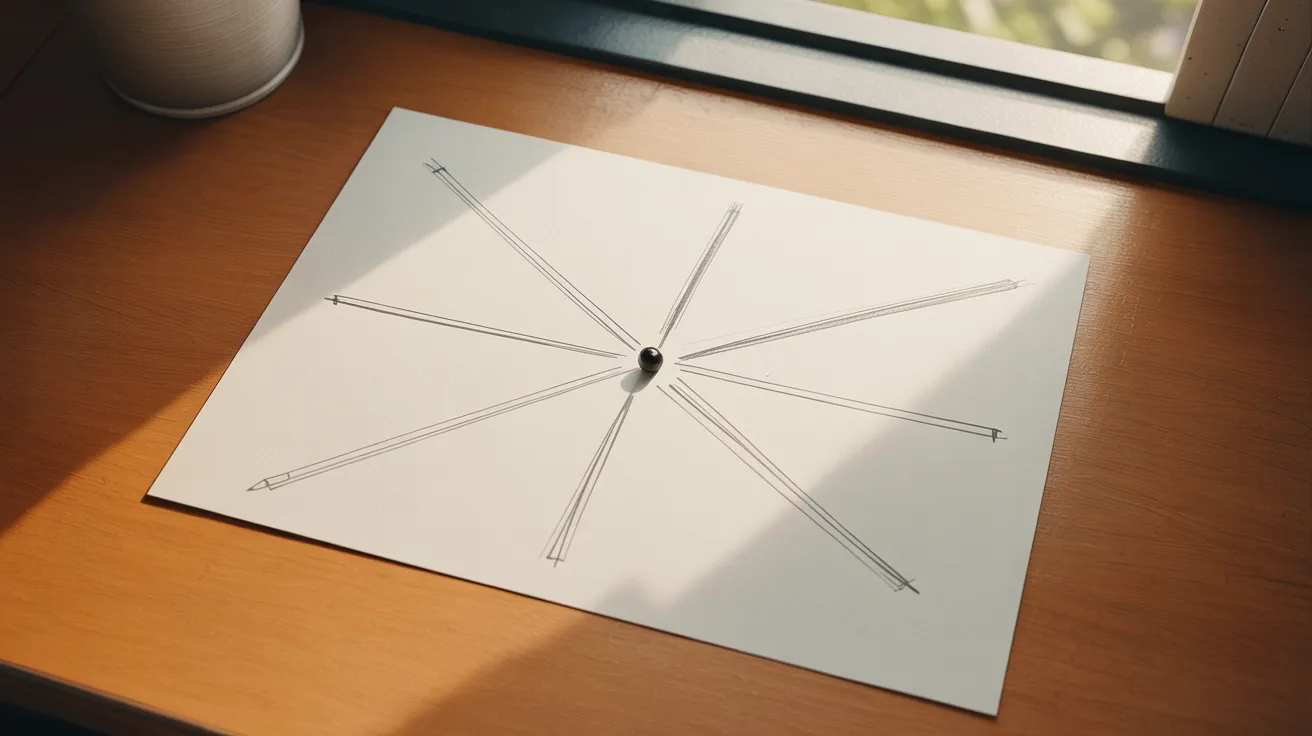 Spider web drawing step with center point and straight guideline lines forming base structure