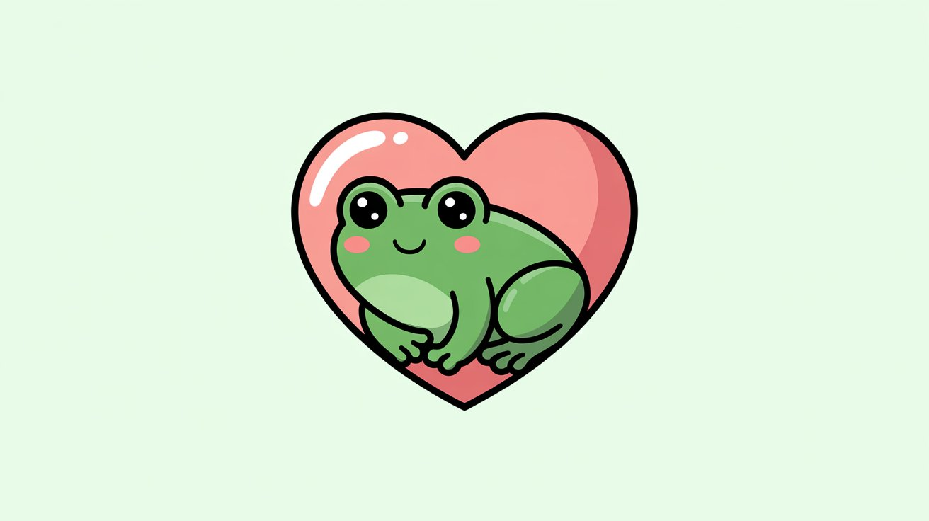 Sweet green frog with pink cheeks sits inside glossy pink heart on pale mint green background