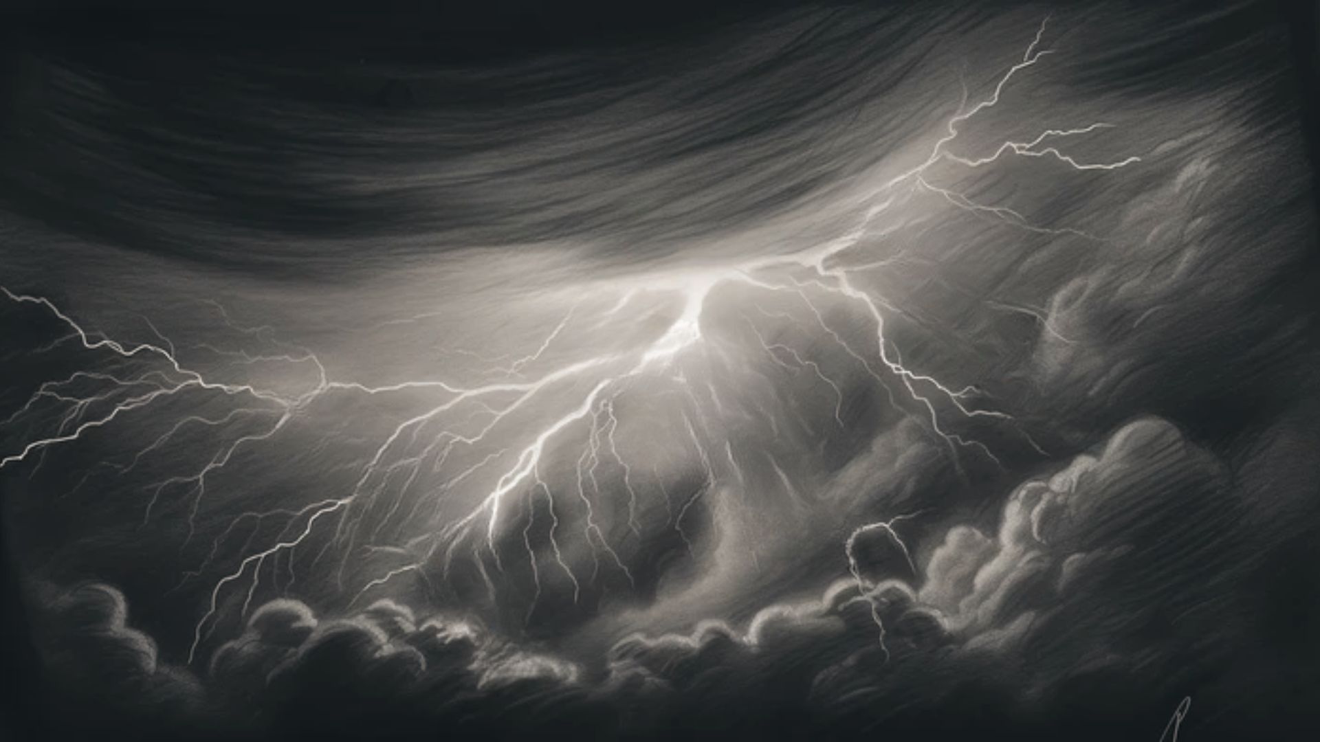 Dark storm clouds with bright lightning bolts crackling across the sky, a dramatic drawing style for moody clouds.