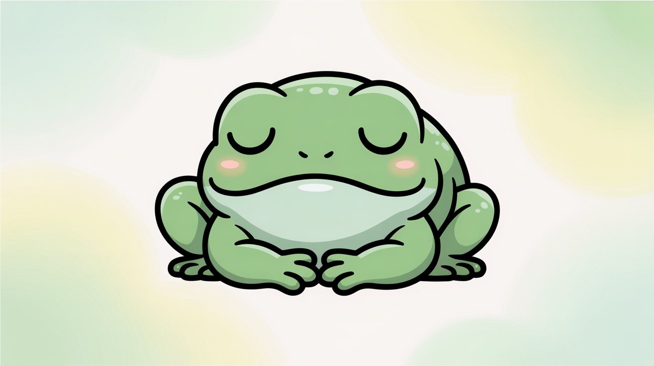 Chubby kawaii green frog meditates with closed eyes, pink cheeks, pastel gradient bokeh background