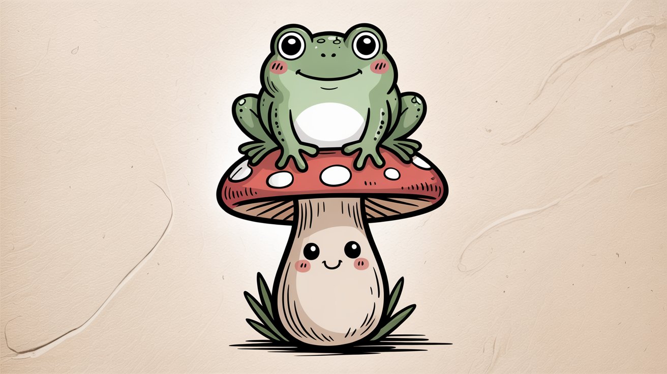 Cheerful green frog with pink cheeks sits atop a smiling red-spotted mushroom.