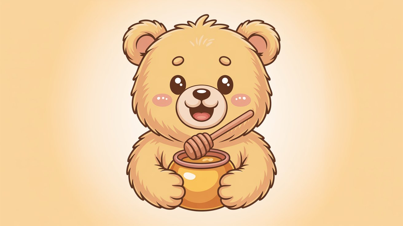 Happy golden bear holds a honey pot and dipper with a big smile.