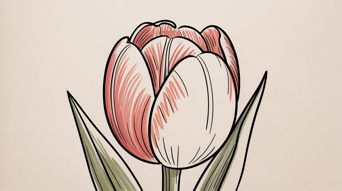 Close-up illustration of a pink tulip bud with red shading and black outlines.