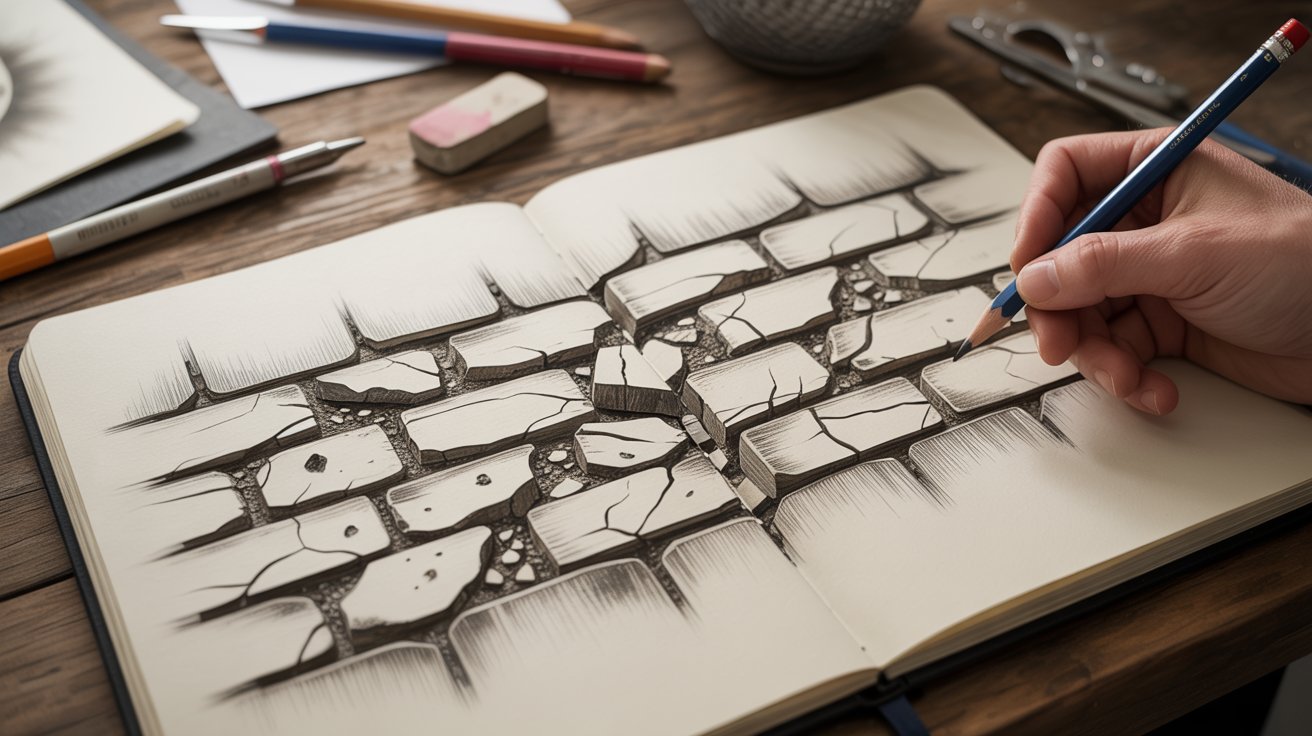 "Realistic cracked brick wall drawing with chipped edges and irregular texture showing aged and damaged bricks in sketchbook"