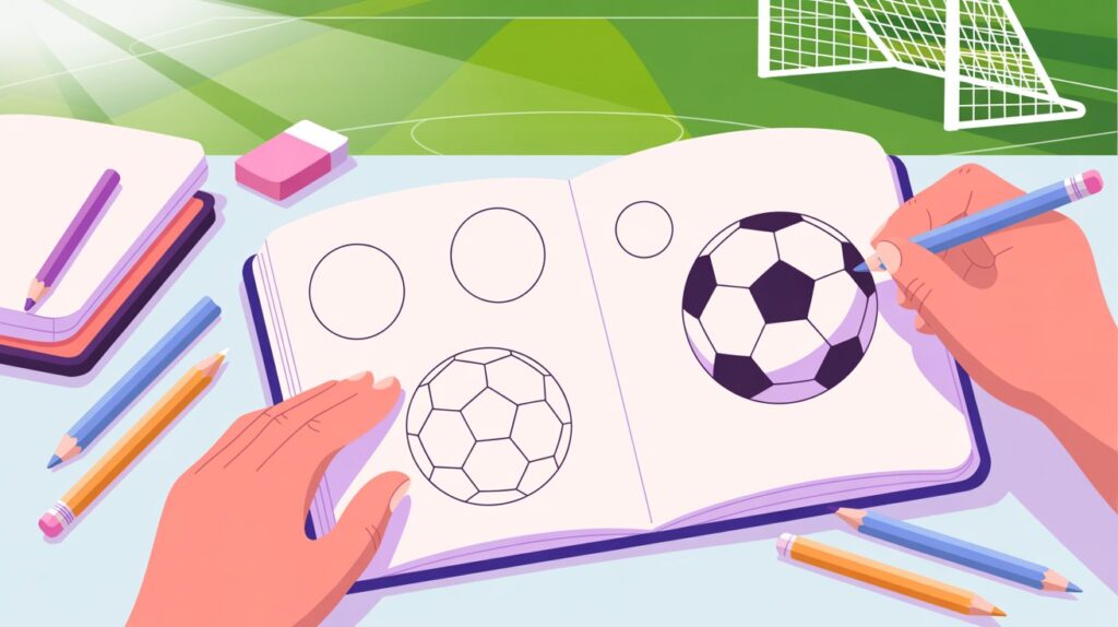Beginner soccer drawing tutorial sketch showing soccer ball kids sketching pencils simple illustration style scene