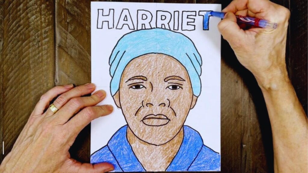 Finished colored drawing of Harriet Tubman with blue headwrap and shirt, hand coloring the name HARRIET.