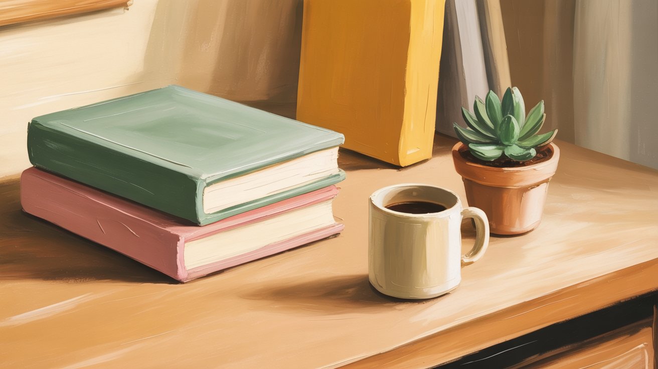 A painting of books and a cup with a small planter on a table.