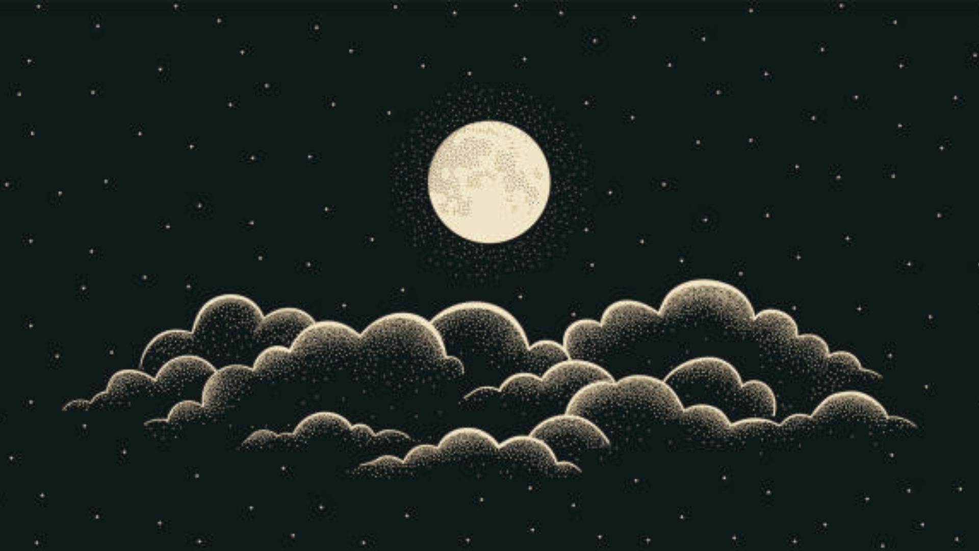 Stippled drawing of a full moon glowing over puffy layered clouds in a starry night sky, showing an easy celestial cloud art style.