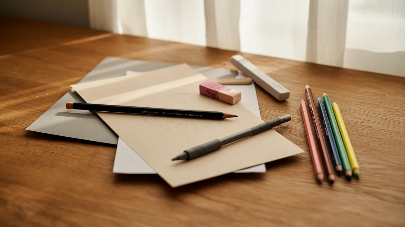 Basic drawing supplies including pencil, eraser, paper, and optional coloring tools arranged on desk