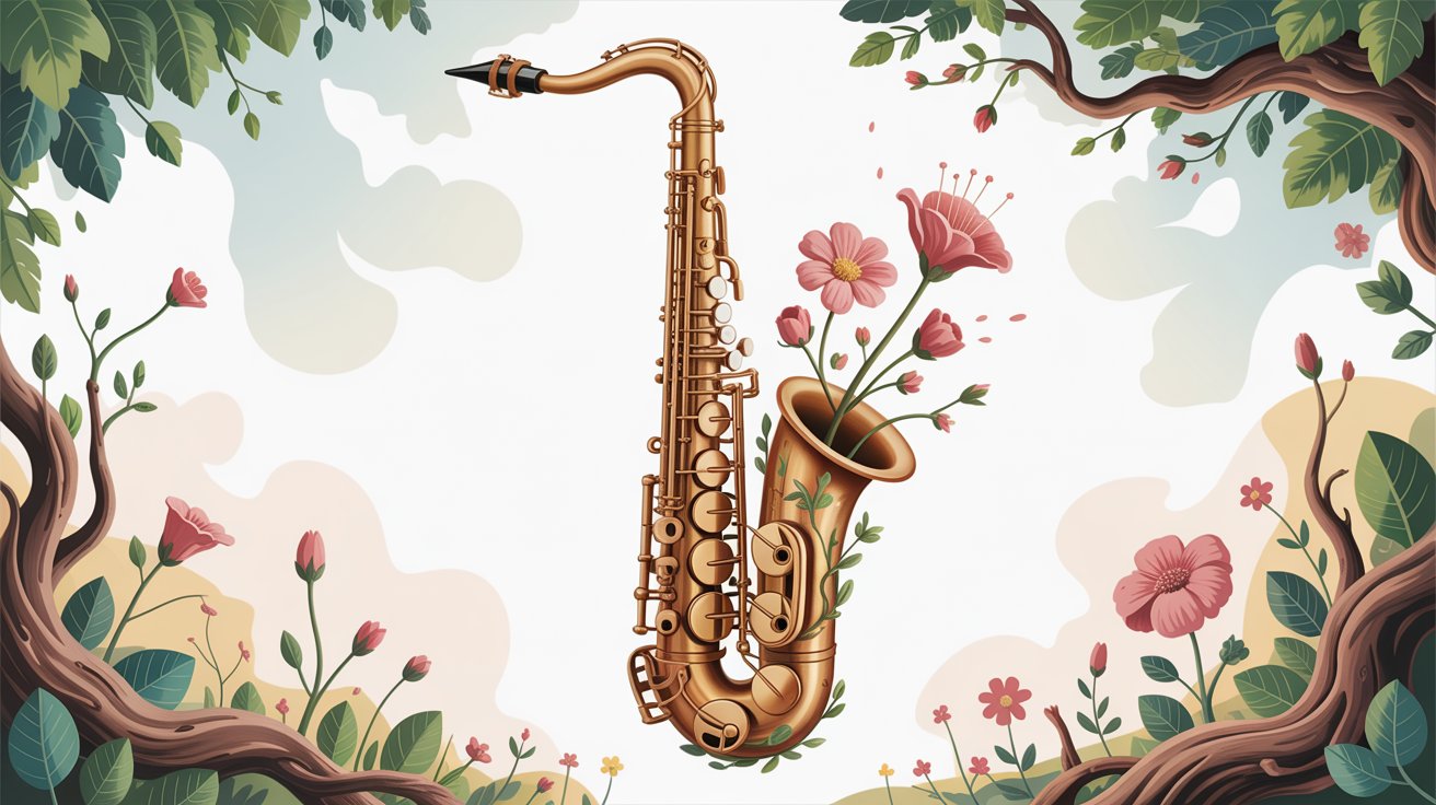 A brass saxophone sprouts pink flowers and green vines, framed by twisting tree branches and soft clouds.
