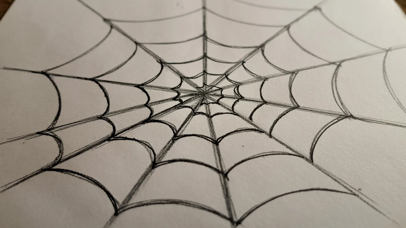 Simple spider web structure showing straight lines and curved rings in basic pencil sketch
