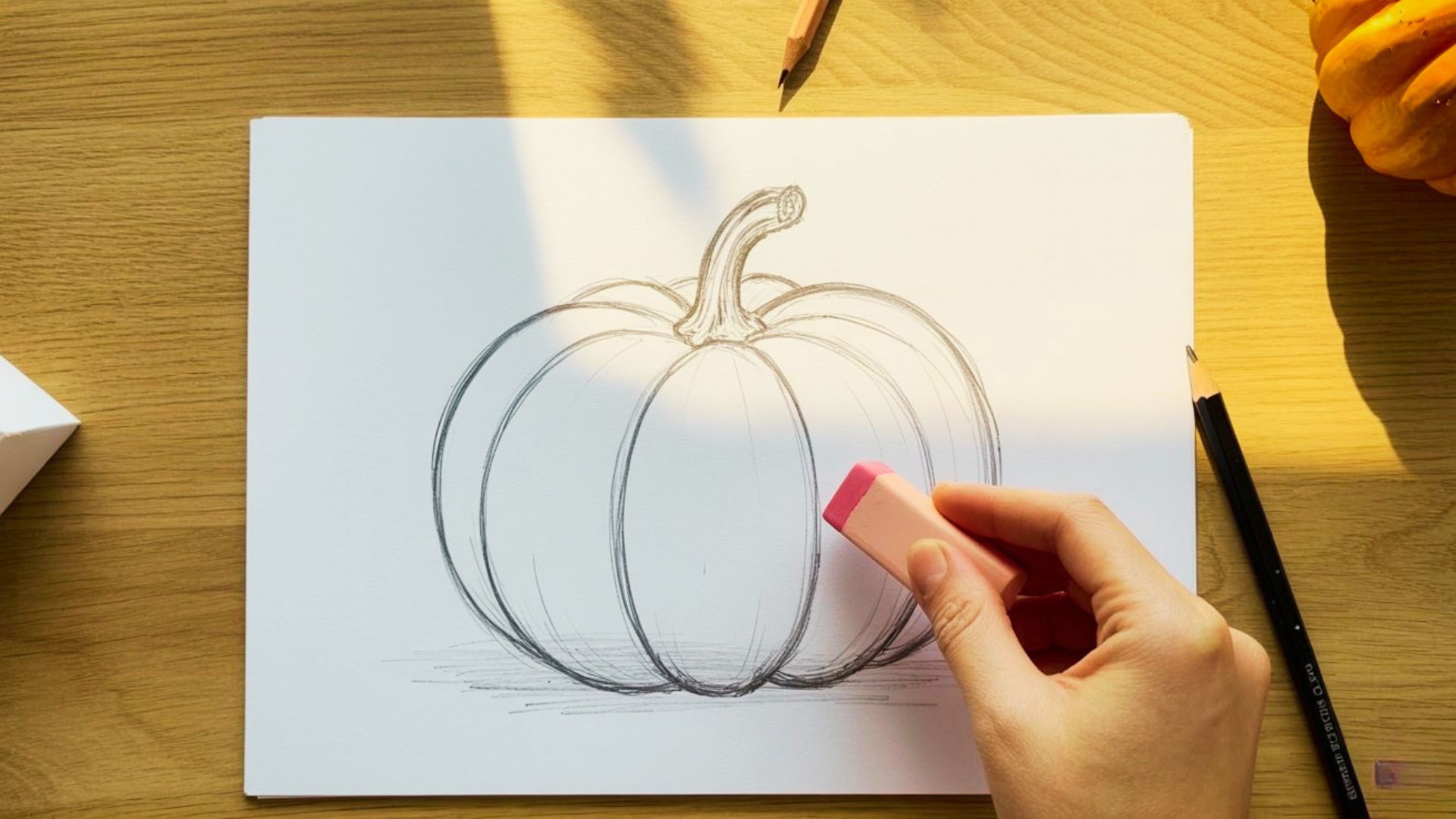 Hand erasing pencil lines on simple pumpkin sketch with pink eraser next to real mini pumpkin