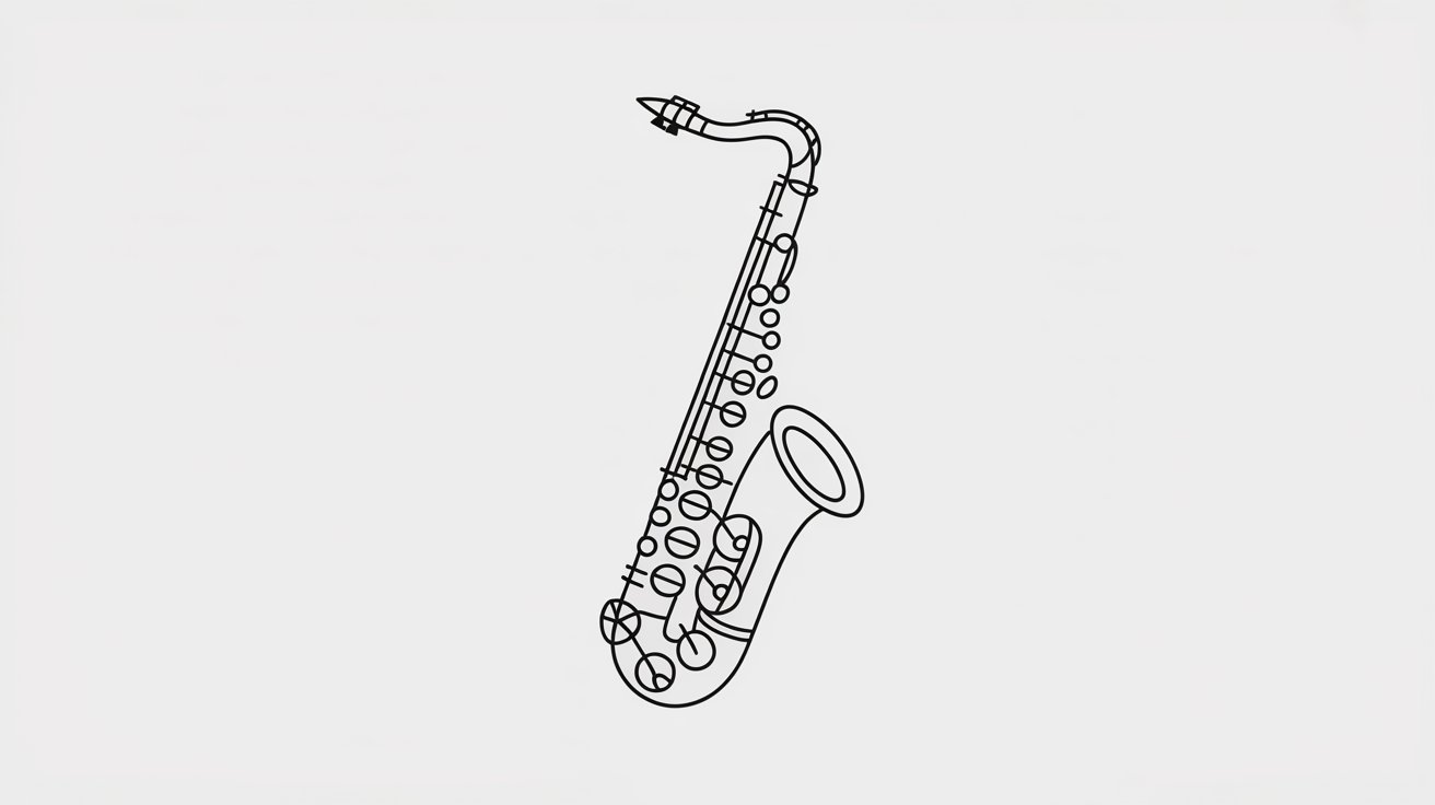 Simple single-weight line drawing of a saxophone using clean, continuous contours with no fill or shading.