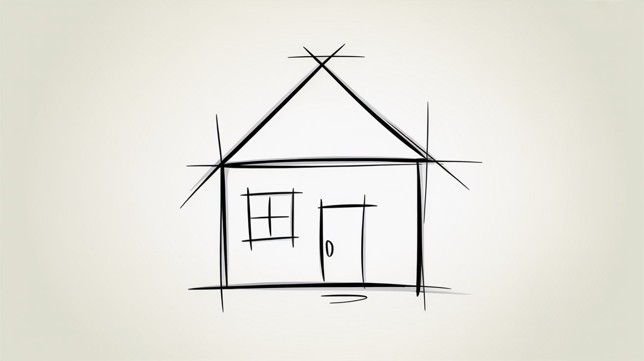 House outline made from triangle roof, square base. Draw homes using basic geometric shapes.