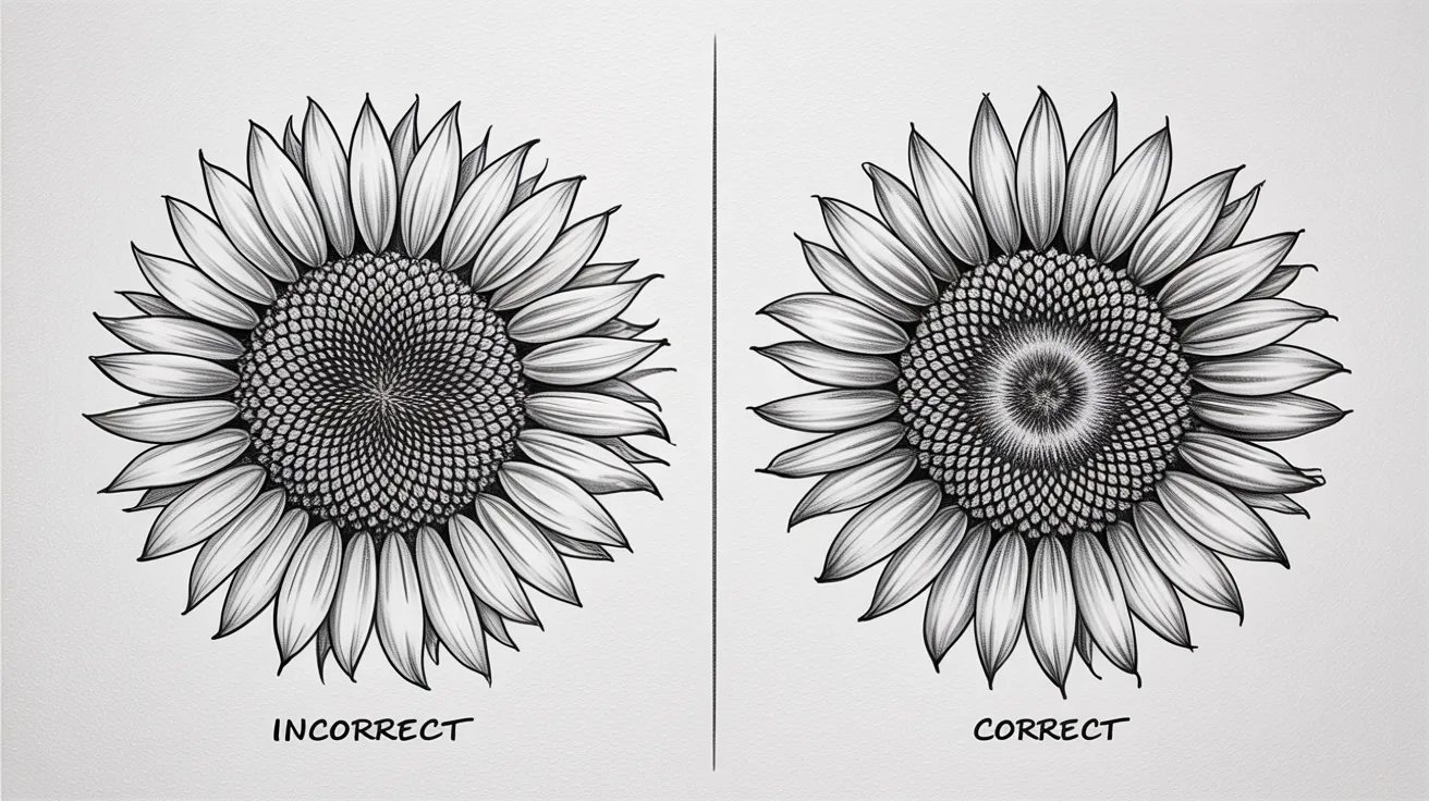 Comparison of incorrect and correct sunflower drawing showing stiff vs natural petal shapes