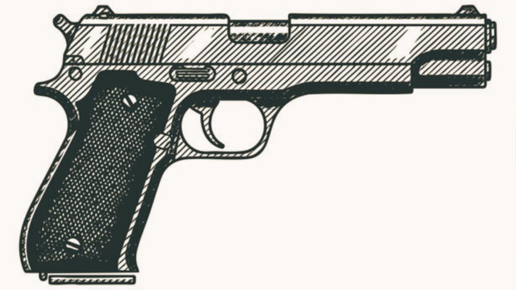 Engraving-style illustration of a pistol with heavy crosshatch shading and texture.