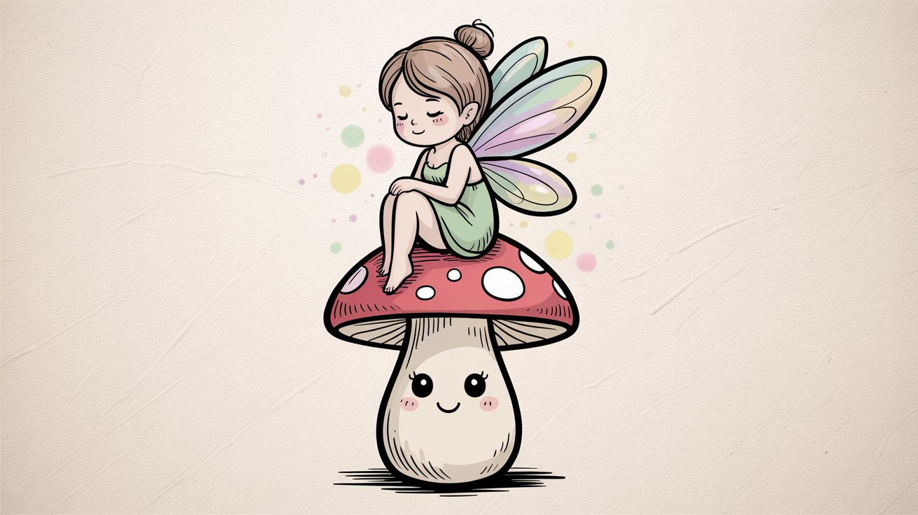 A smiling kawaii mushroom with a red polka-dot cap has a tiny fairy in a green dress sitting on top.