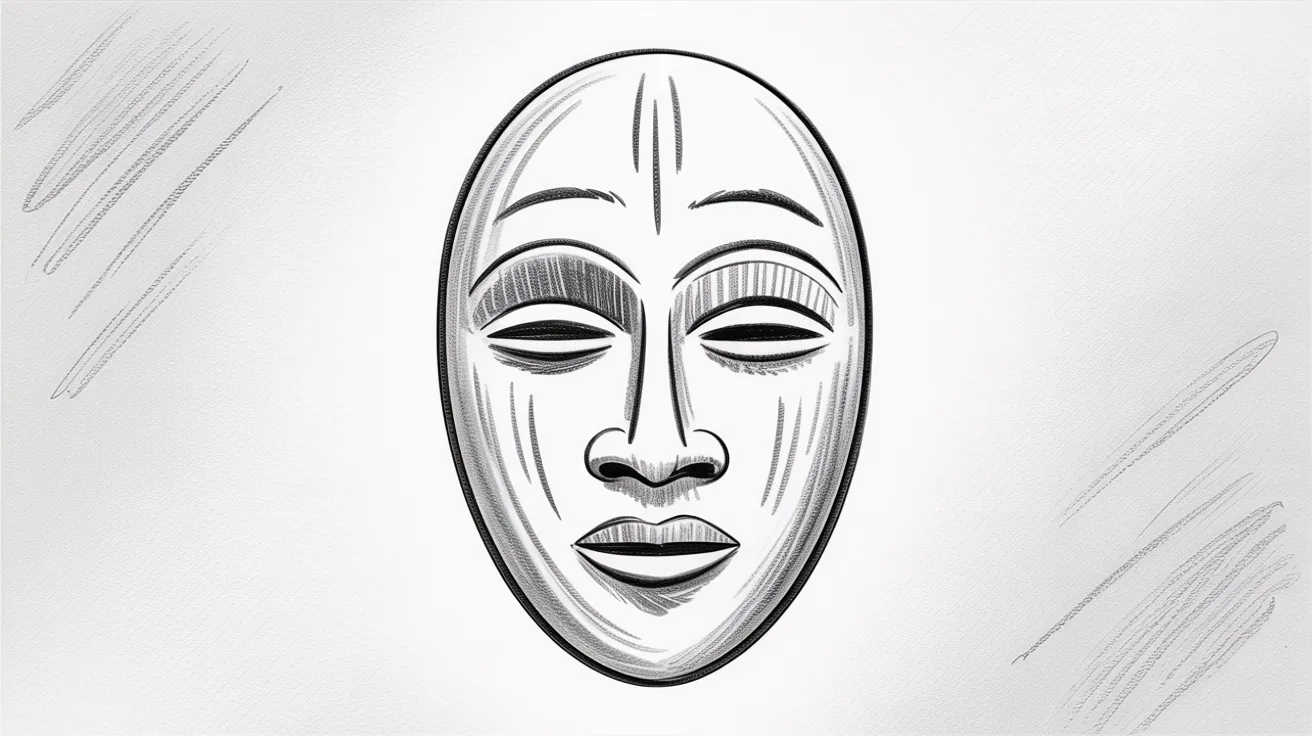 Basic pencil sketch of a calm African ancestral mask with soft eyes and simple lines.