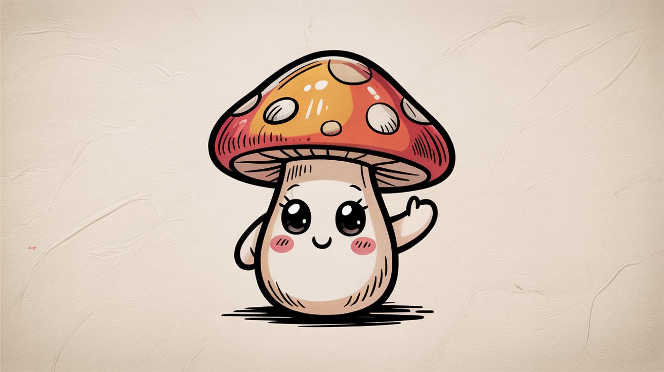 Kawaii mushroom waving with one hand, featuring a red-orange spotted cap and big sparkly eyes.