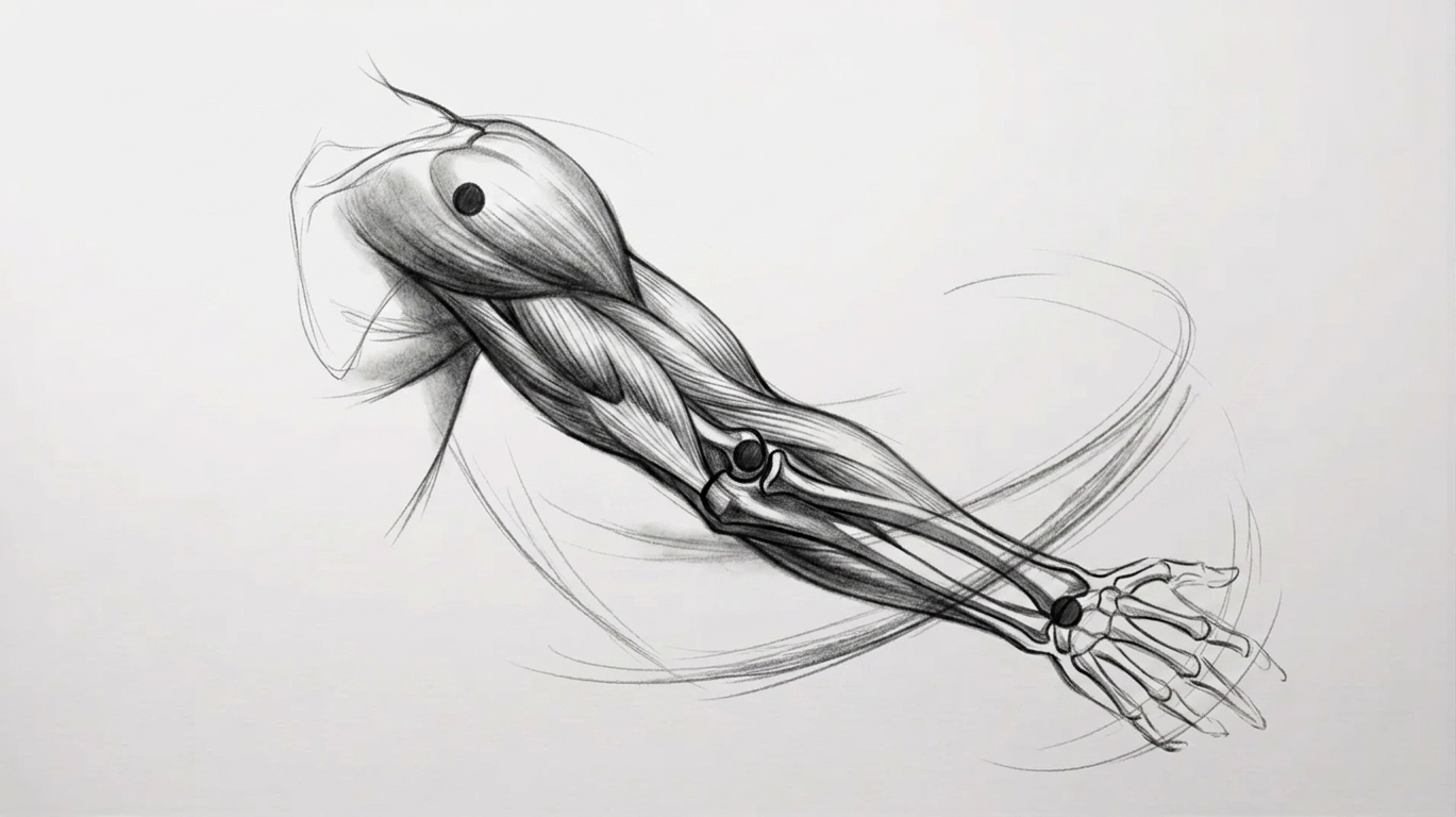 Arm rotation showing forearm twist stretch compression with flowing lines and natural movement