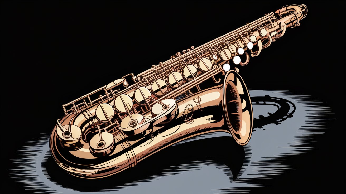 Finely detailed sepia-toned pencil sketch of a full saxophone with soft crosshatching and vintage warmth.