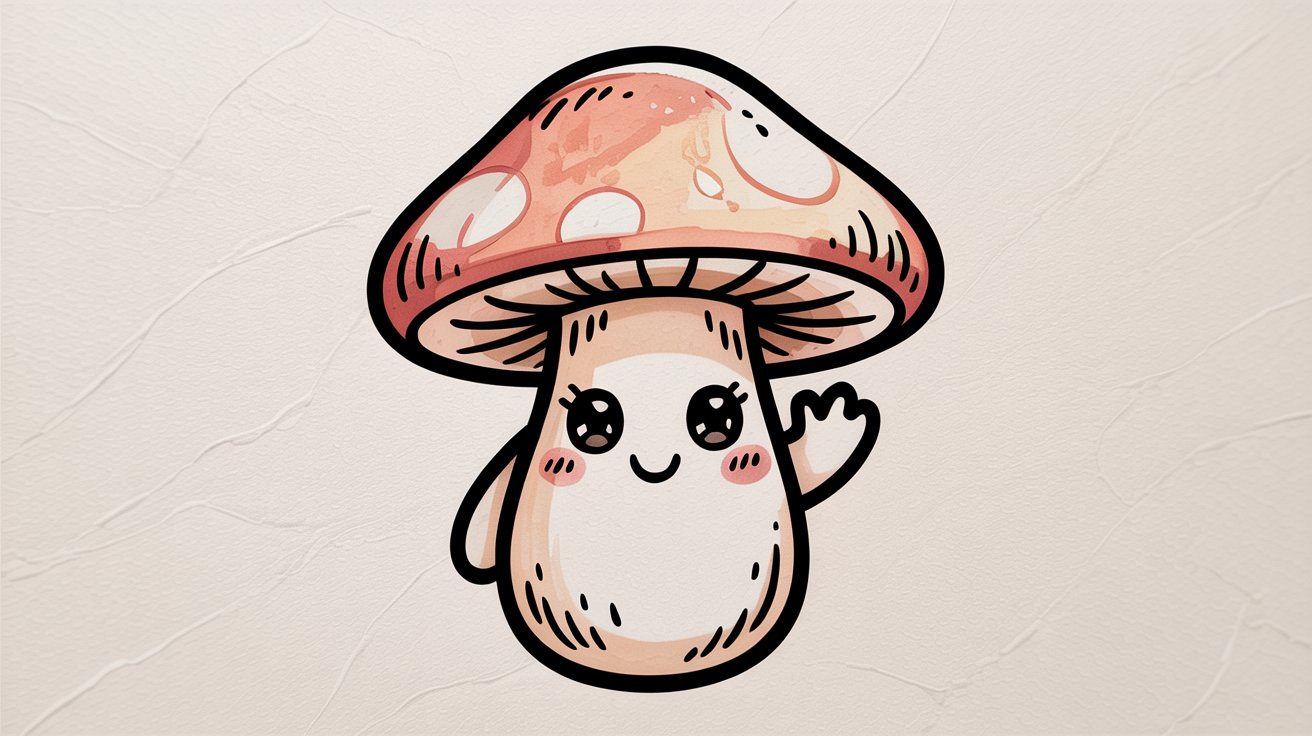 Watercolor-style chibi mushroom blushing, tiny arms, and one hand raised in a wave.