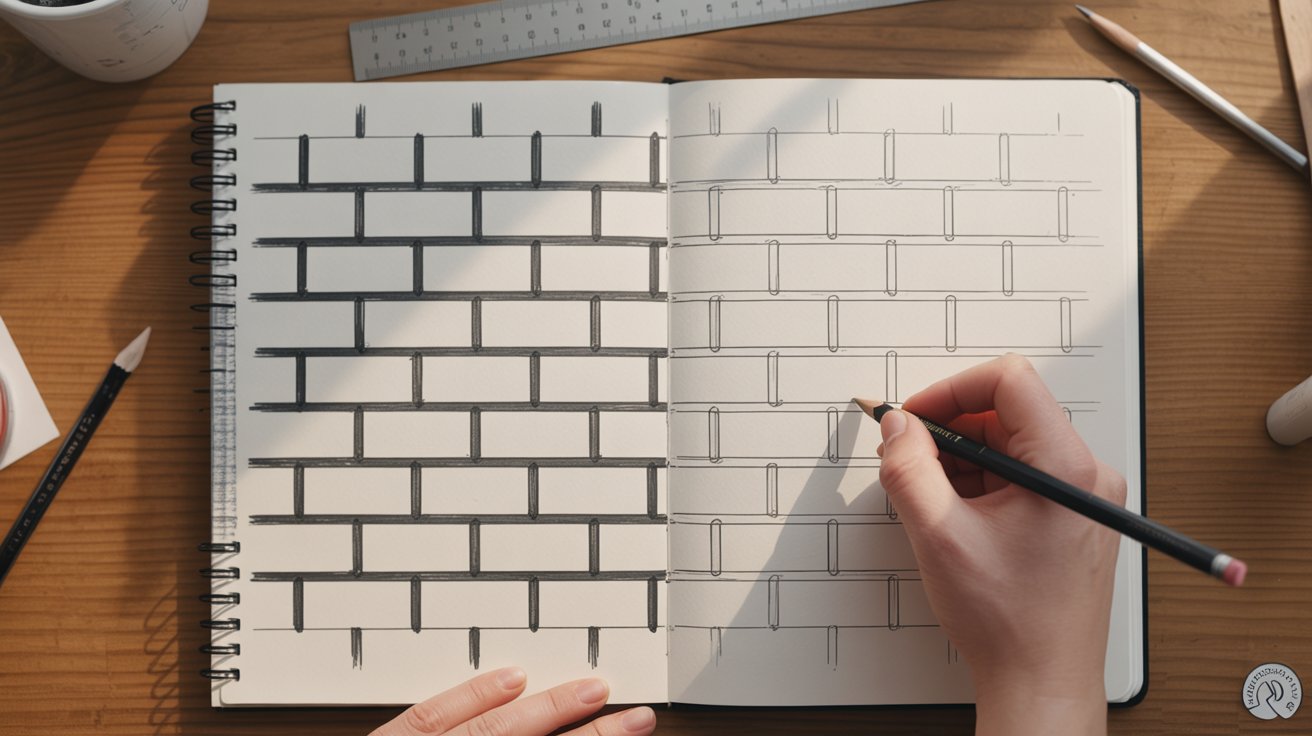 "Beginner brick wall sketch with simple flat pattern showing staggered rows drawn neatly in a sketchbook"