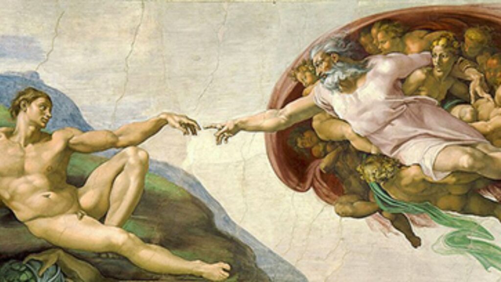 Renaissance artwork "The Creation of Adam" by Michelangelo, illustrating the divine connection between God and Adam.