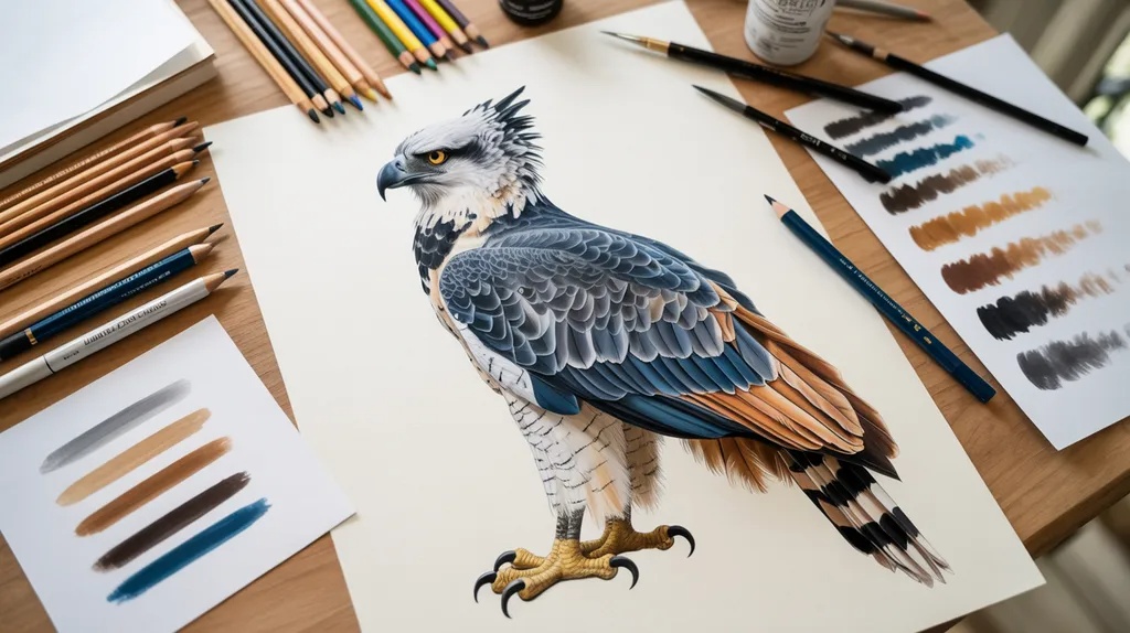 Realistic harpy eagle drawing with color guide, pencils, and shading samples.