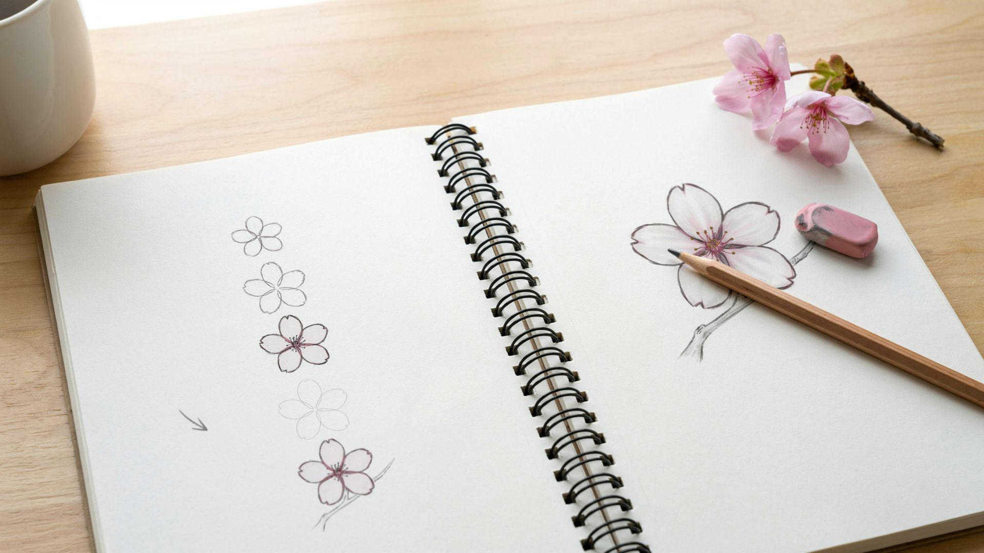 Simple cherry blossom drawing showing easy flower shapes suitable for beginners.