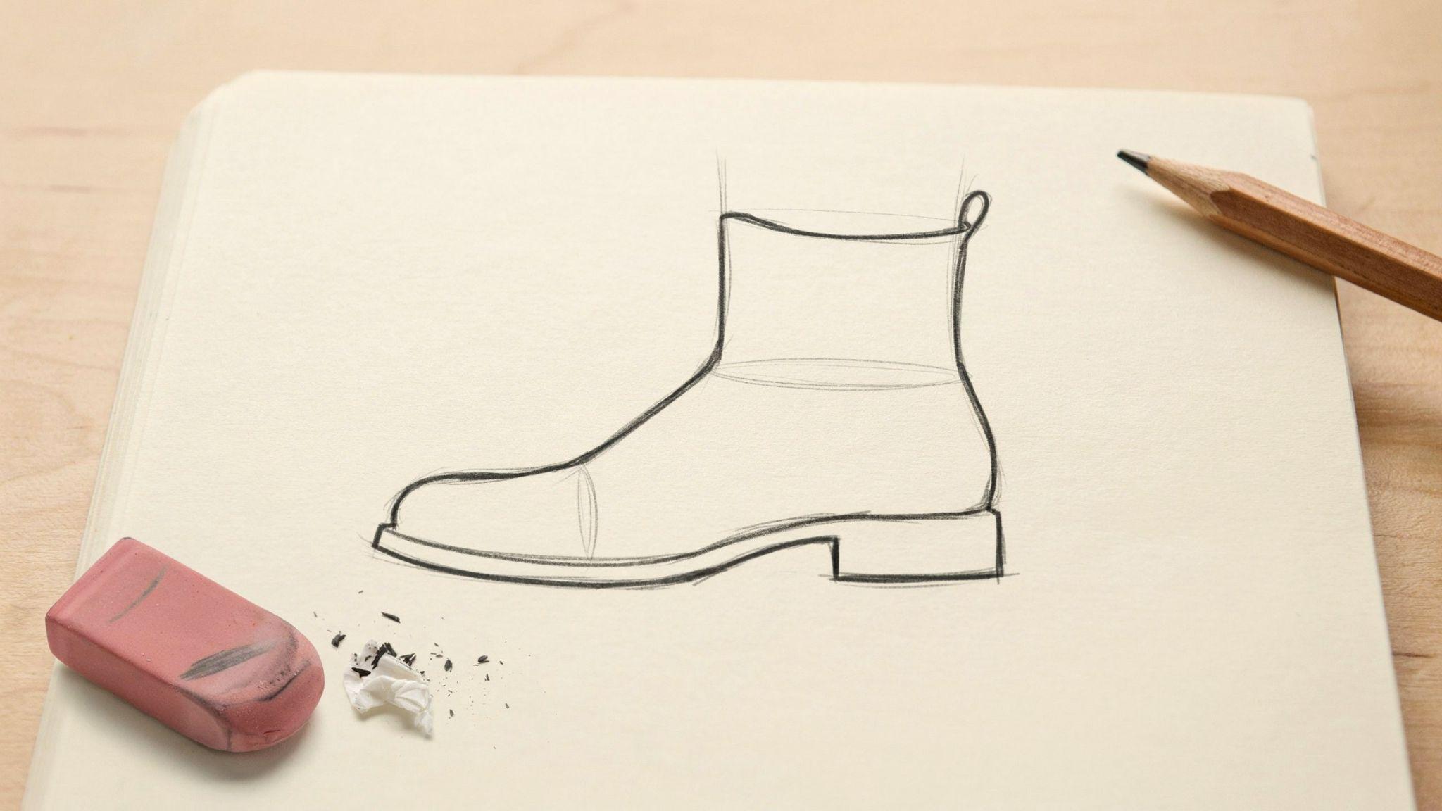 Simple beginner pencil sketch of an ankle boot outline on paper with eraser and shavings nearby.