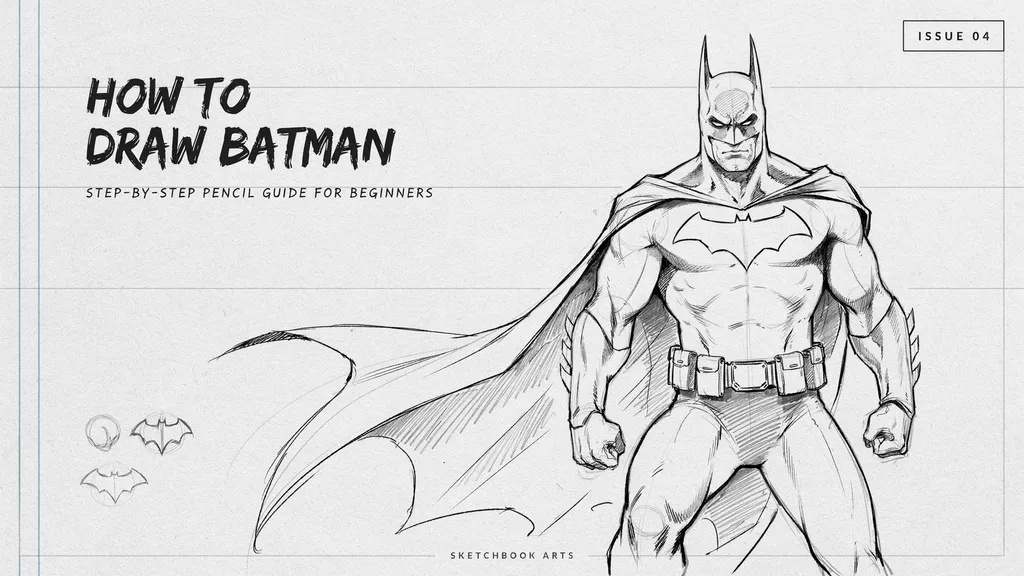 Easy Batman drawing guide showing a beginner-friendly pencil sketch of Batman with his iconic costume.
