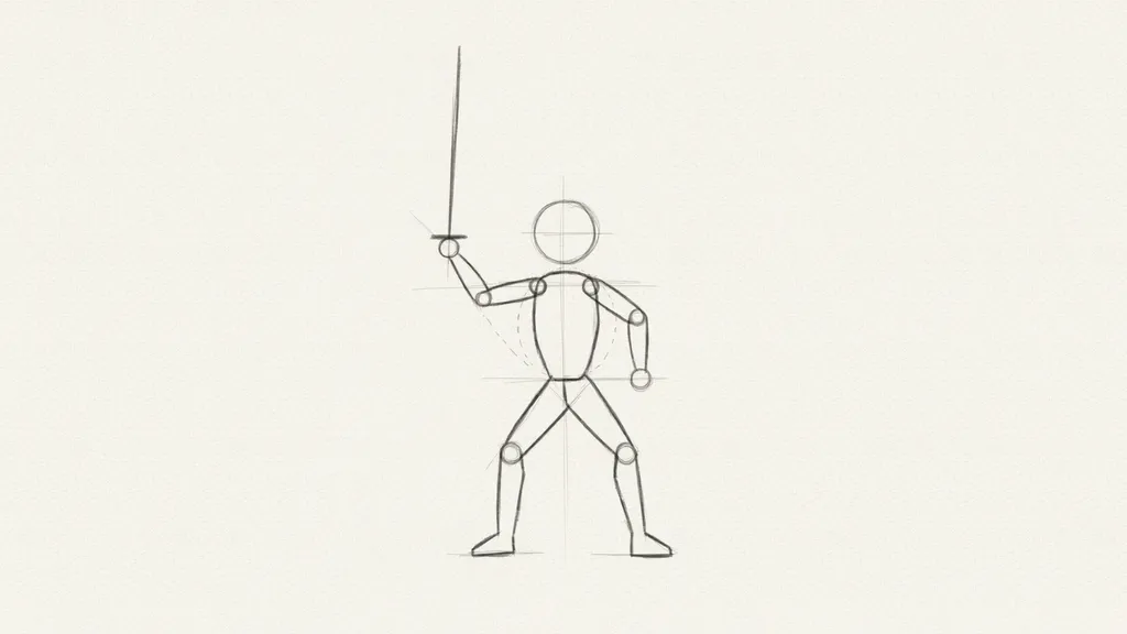 Simple stick figure and basic shapes forming the knight’s body structure.
