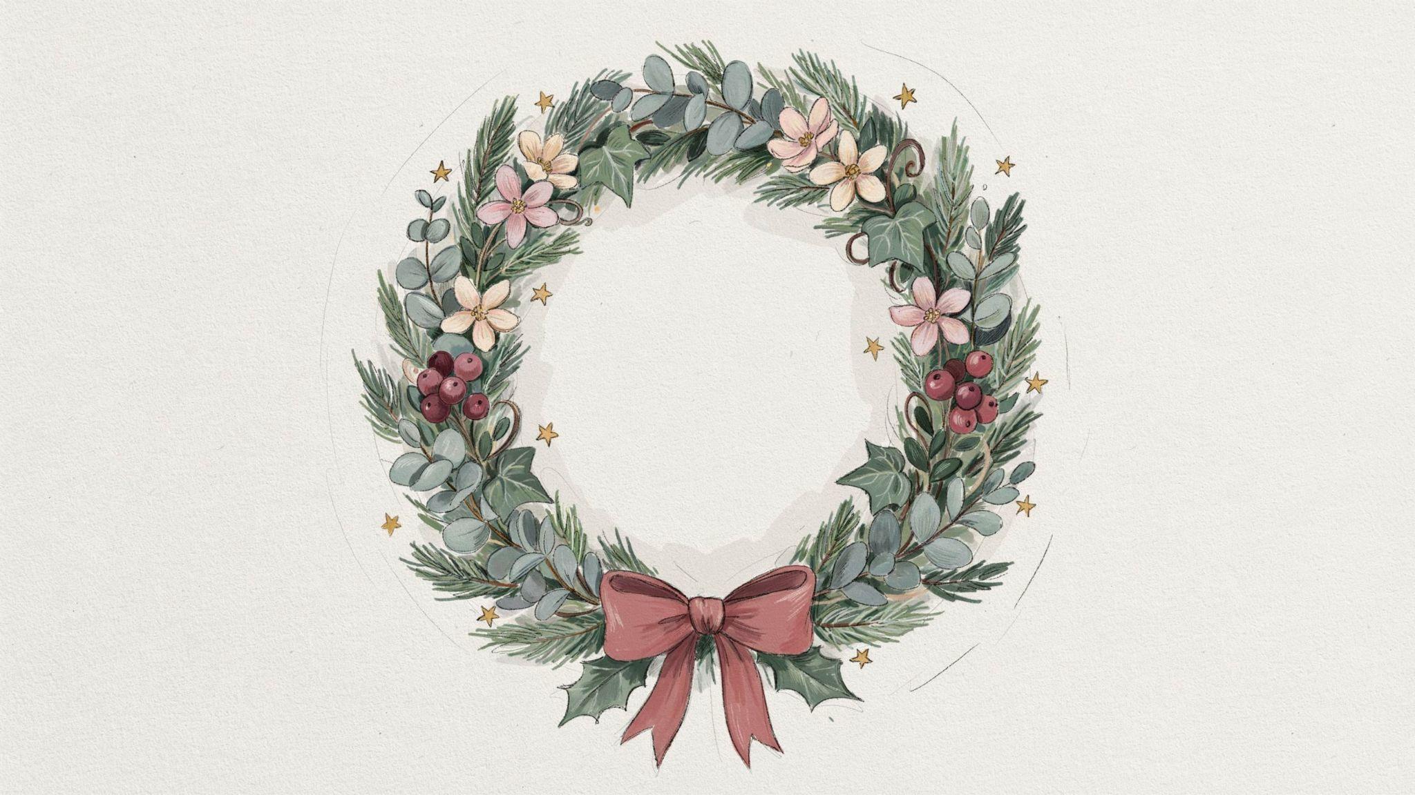 Romantic holiday wreath with pine, berries, and bow teaches mixing elements for seasonal drawings