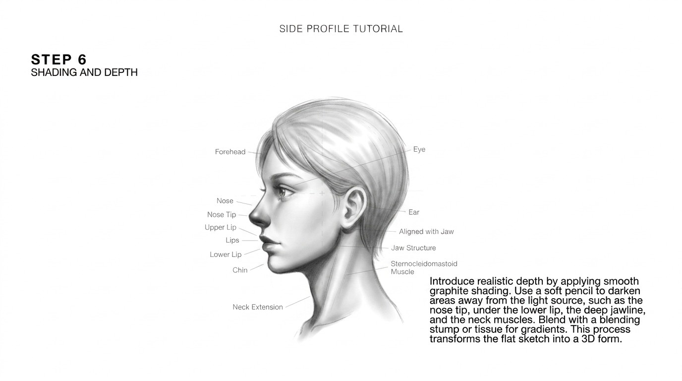A side profile sketch with shading added to create depth and dimension.