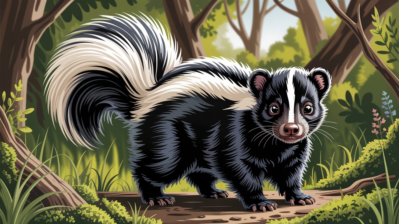Realistic striped skunk with detailed fur and a fluffy tail standing on a forest floor.