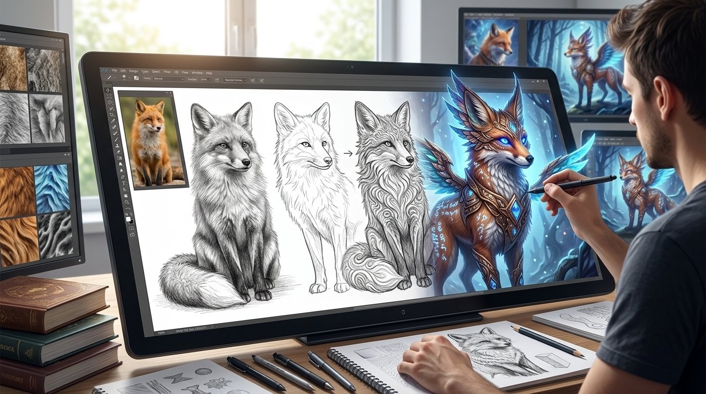 Artist adding creative details and personal style to an original drawing.