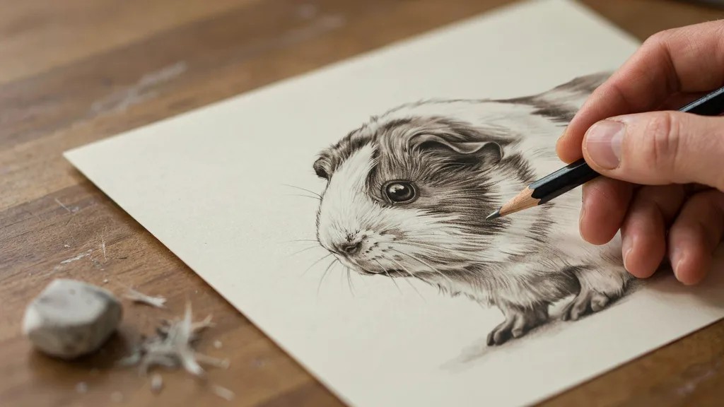 pencil creating short layered strokes across guinea pig body to form natural fur texture, showing direction and depth for more realistic animal drawing result.