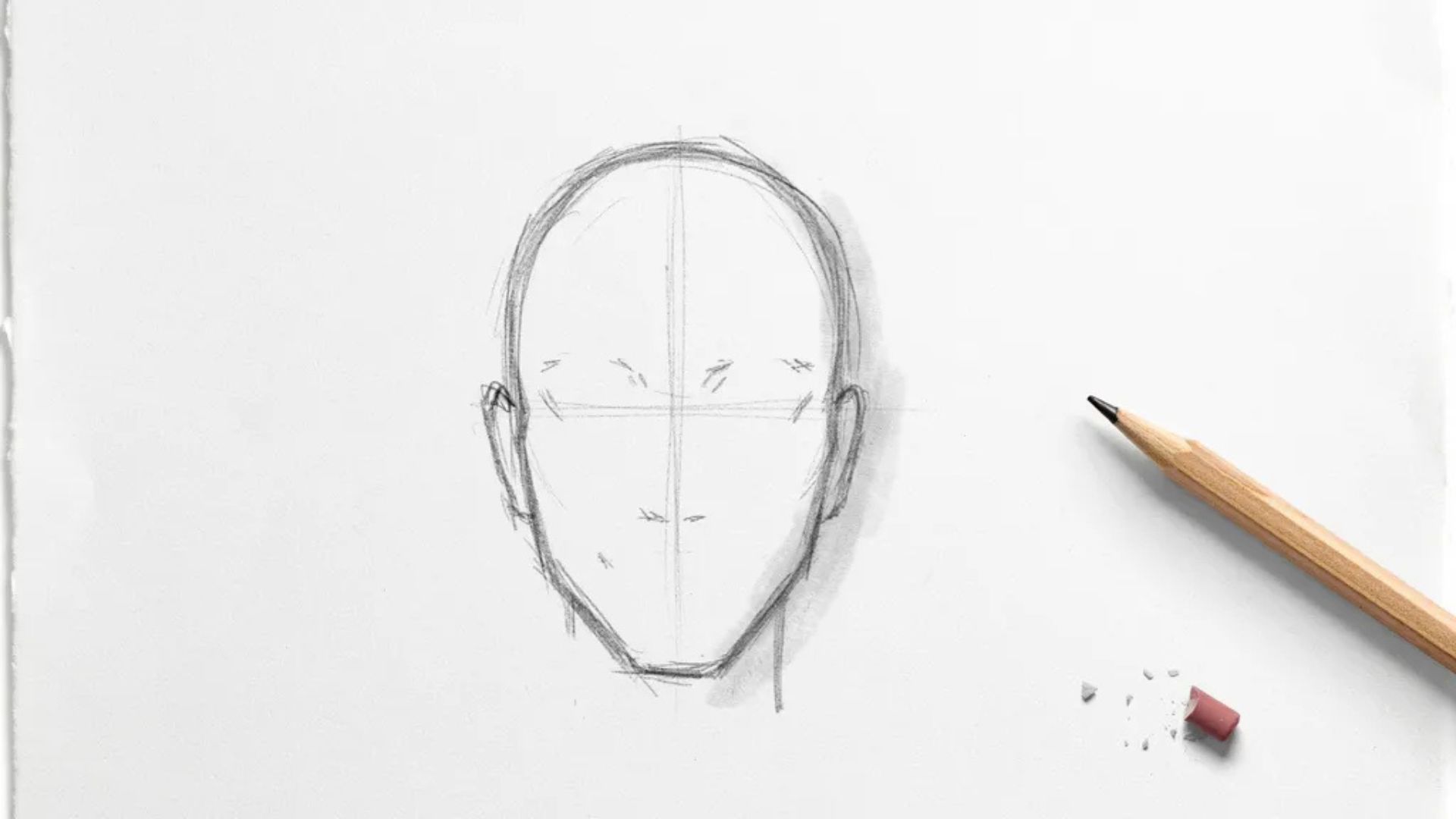 Lightly sketched oval head shape with basic construction lines serving as the foundation for a scary face drawing.