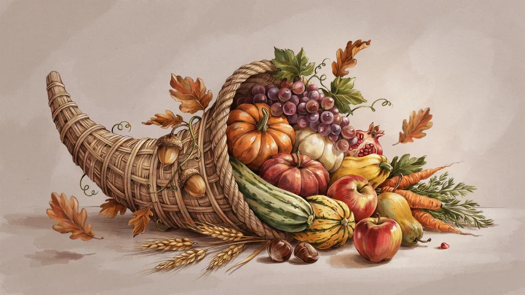 Detailed harvest cornucopia artwork featuring realistic basket weaving, fruits, vegetables, and autumn foliage.