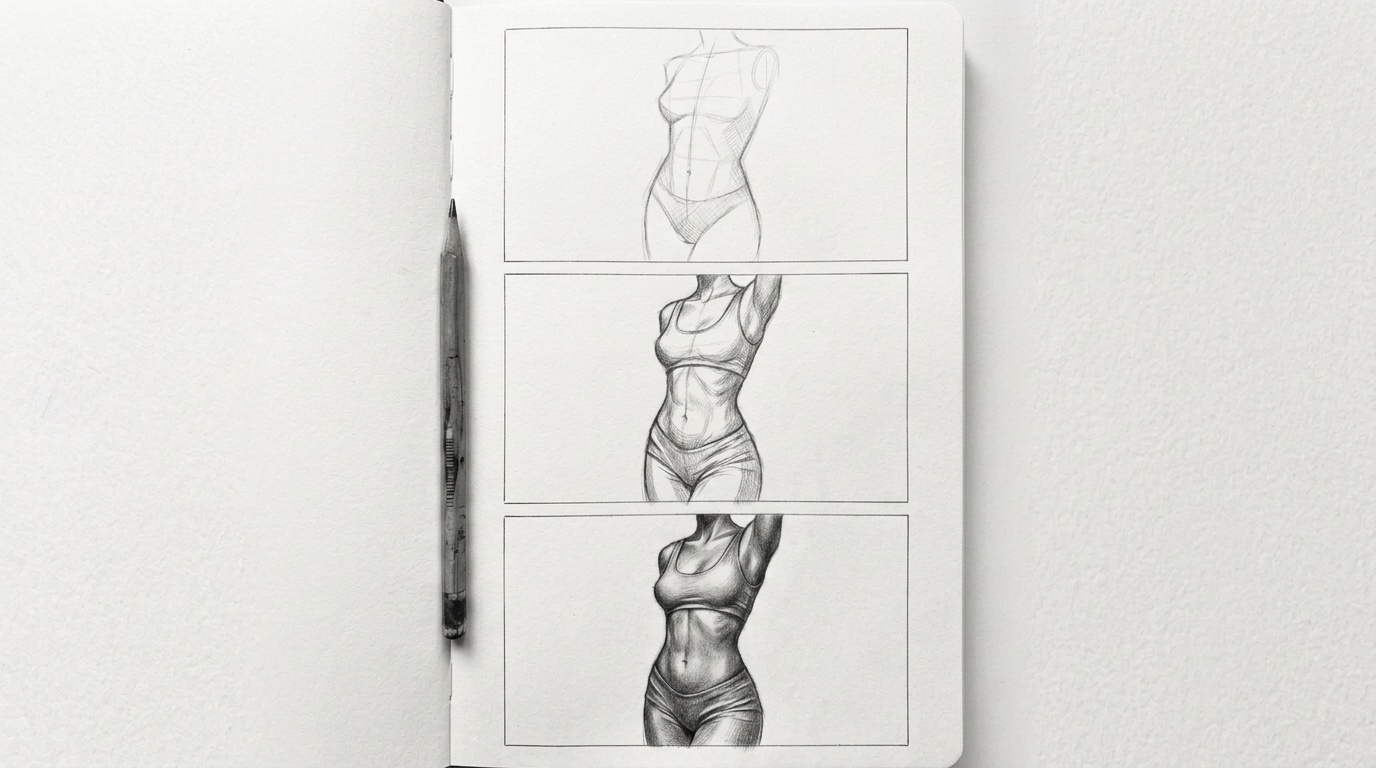 Female torso with softly defined abs and natural proportions.