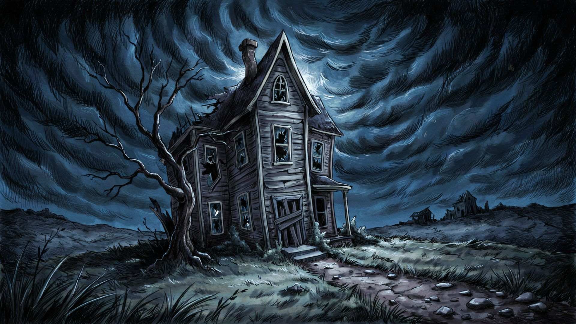 Crooked haunted house drawing with broken windows, heavy wall shading, a dead tree beside it, and a dark night sky in the background.
