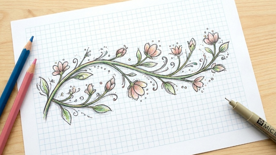 Completed vine artwork with outlines, colors, and shading details.