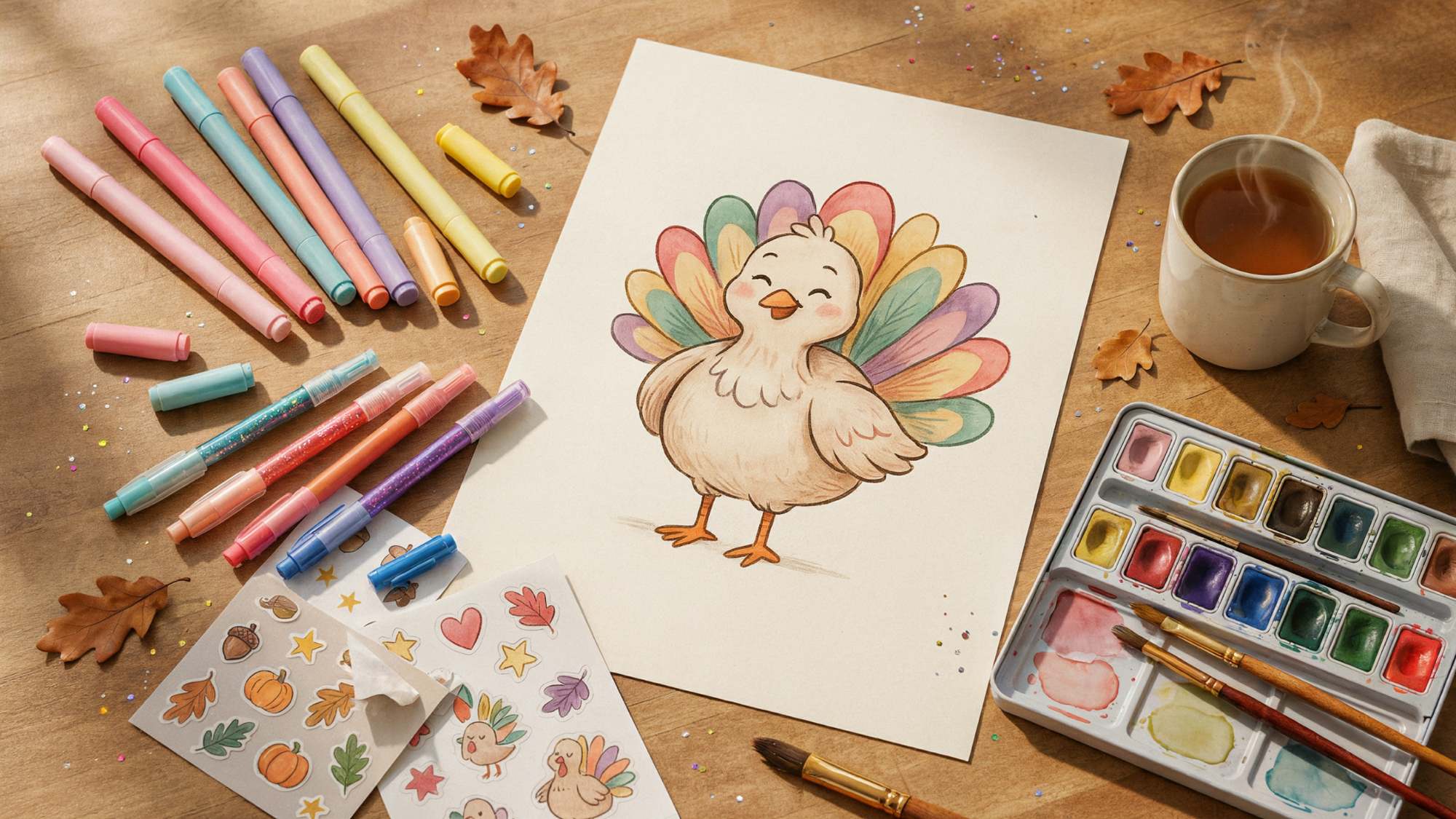 Optional art supplies for decorating a cute turkey drawing.