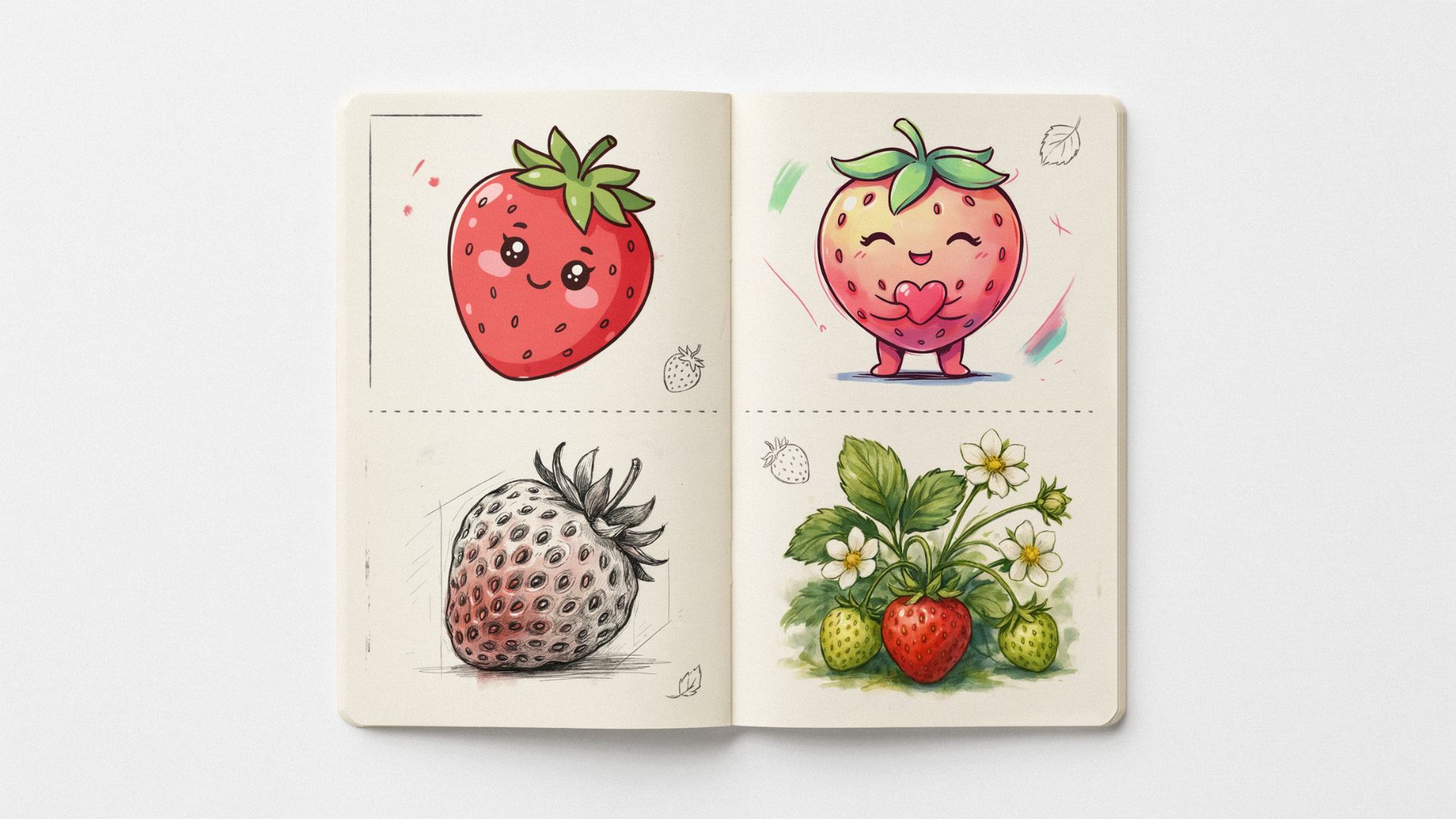 Collection of creative strawberry drawing ideas featuring cartoon, kawaii, realistic, and botanical styles.