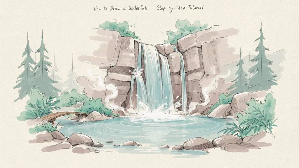 How to Draw a Waterfall for Beginners A finished watercolor-style illustration of a waterfall landscape showing a cliff, flowing water, rocks, pool, and greenery in a step-by-step drawing tutorial cover image.