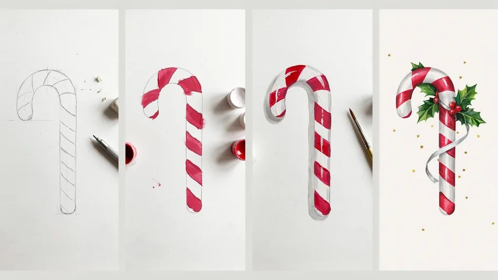 A four-step collage showing a candy cane being painted with red and white stripes and festive decorations.