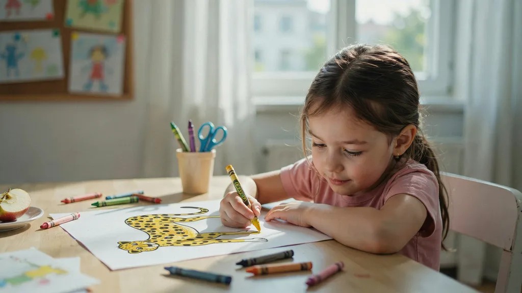 child coloring cheetah drawing using yellow and black crayons, showing fun creative activity and adding life to simple animal sketches on paper.