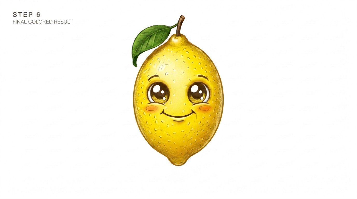A finished colored lemon drawing with bright yellow tone, leaf, and stem.